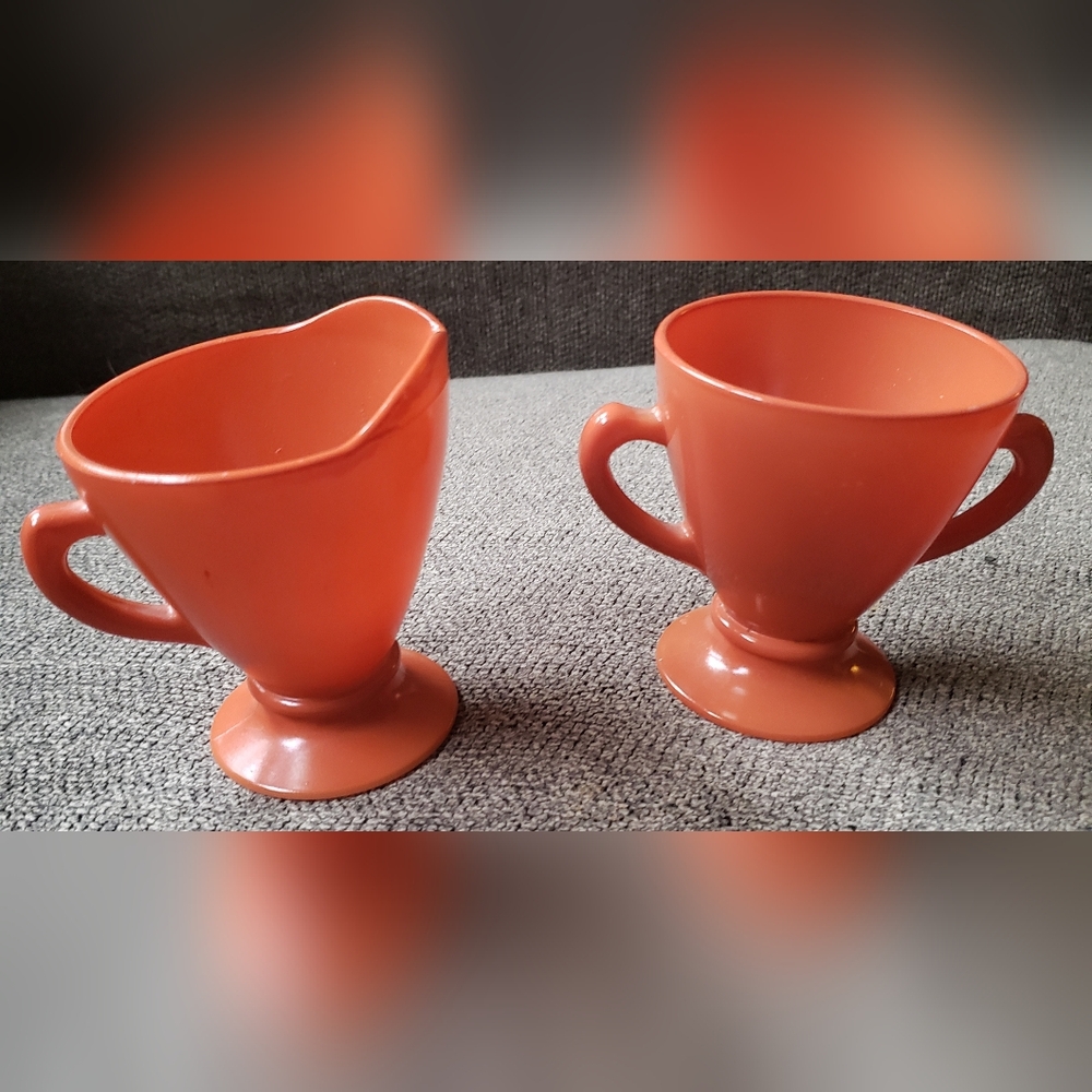 Vintage Hazel -Atlas Rust Orange Ceramic Creamer and Sugar Set
